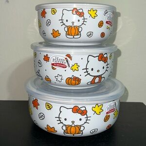 Hello Kitty Set Of 3 Fall Leaves Ceramic Bowl With Steam Lids NEW